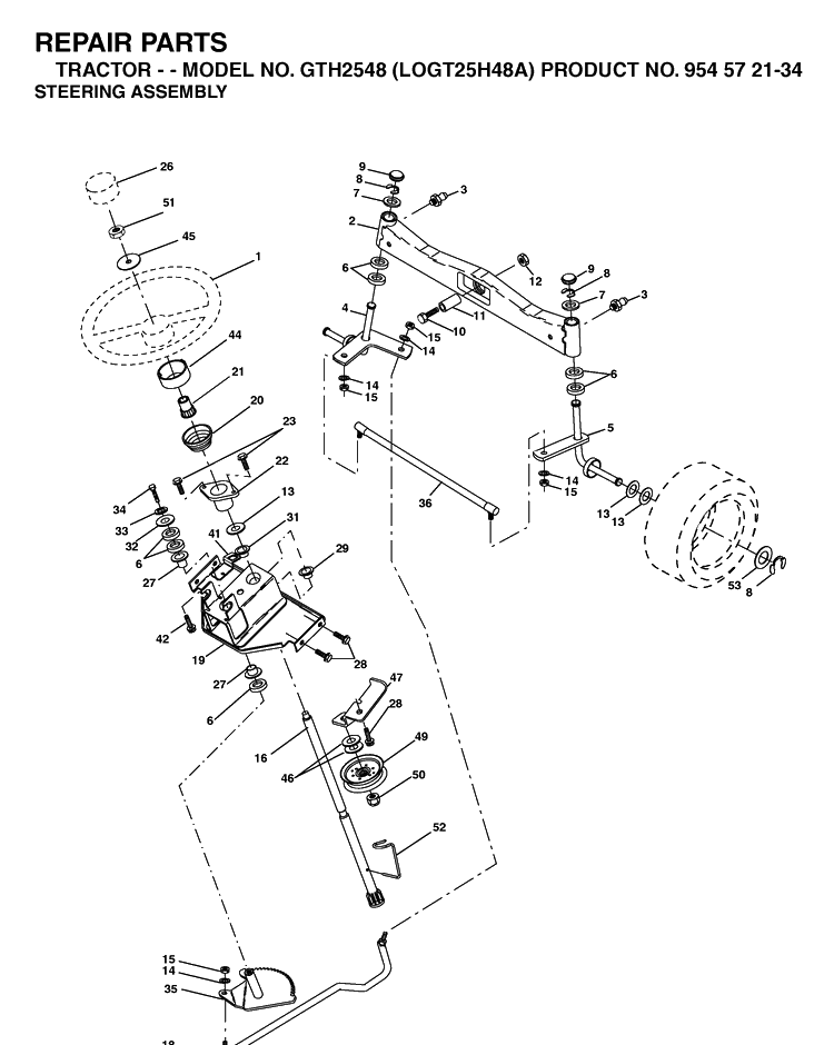 Steering Diagram and Parts List for GTH2548-LOGT25H48A 2003-12 Husqvarna Lawn Tractor