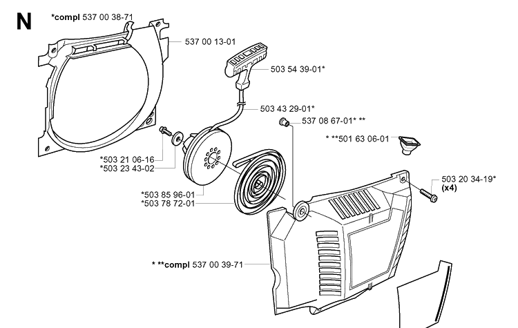 Starter Diagram and Parts List for 385XP 20011300001-20034000000 Husqvarna Chainsaw
