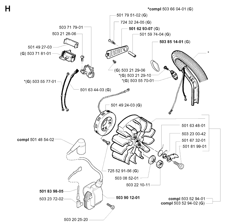 Electrical Diagram and Parts List for 262XP 19992300001-Current Husqvarna Chainsaw