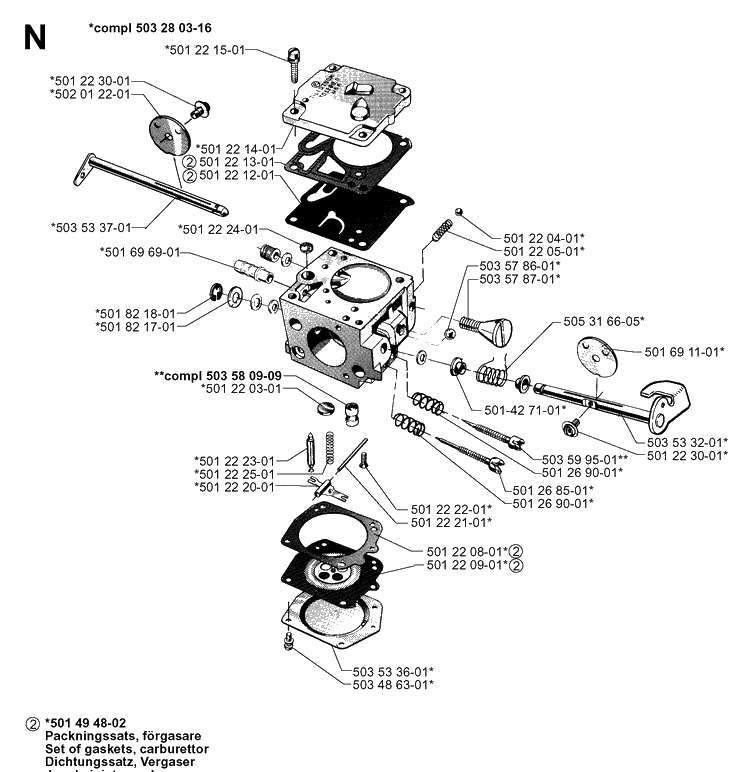 Carburetor Details Diagram and Parts List for 272XP 19970100001-19994500000 Husqvarna Chainsaw