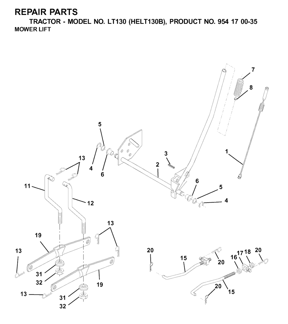 Mower Lift / Deck Lift Diagram and Parts List for LT130 (954170035-B)(2001-03) Husqvarna Lawn Tractor