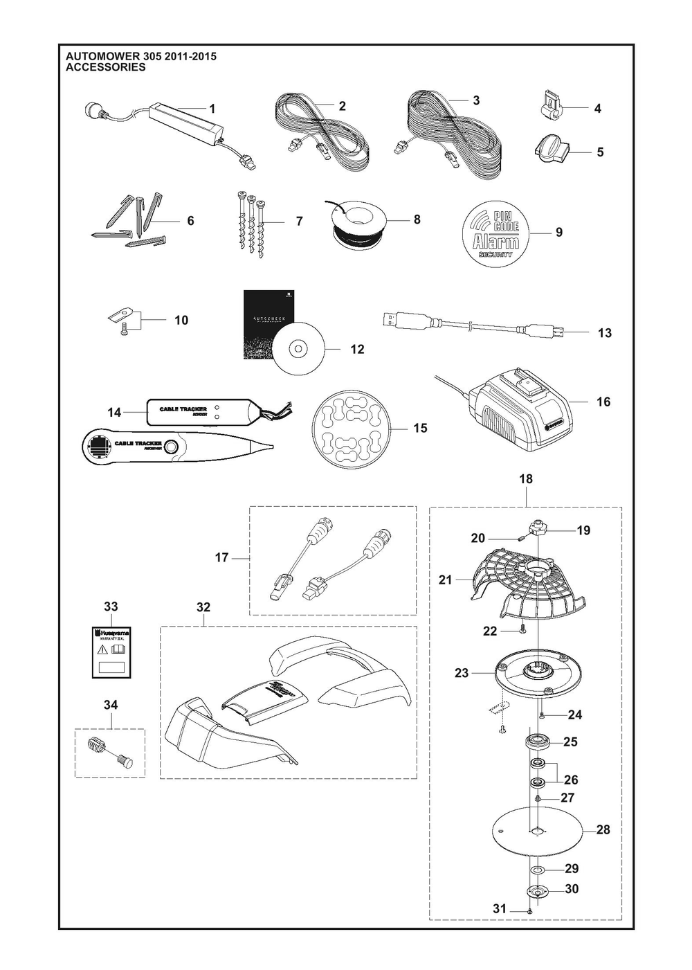 Accessories Diagram and Parts List for 3052011-2015  Husqvarna Lawn Mower