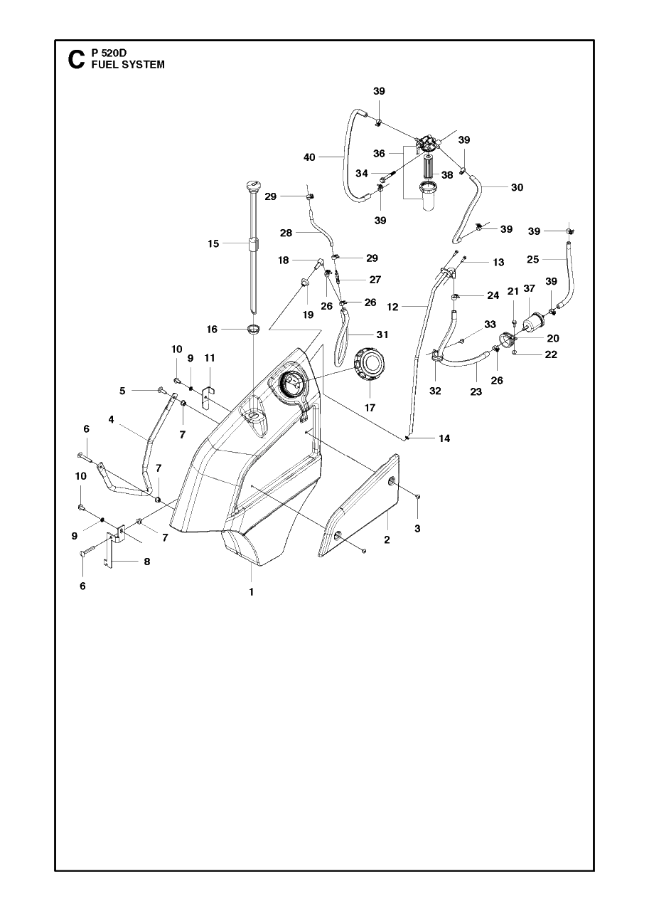 Fuel System Diagram and Parts List for P520D 20120100001 - 20143999999 Husqvarna Lawn Tractor