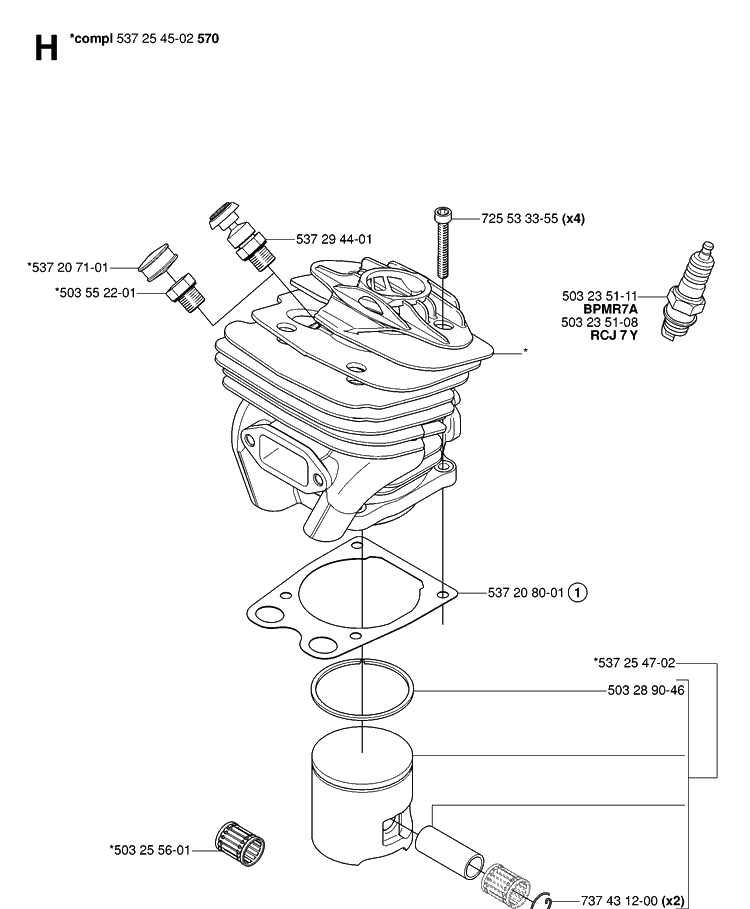Cylinder Piston Diagram and Parts List for 575XP 20070100001-Current Husqvarna Chainsaw