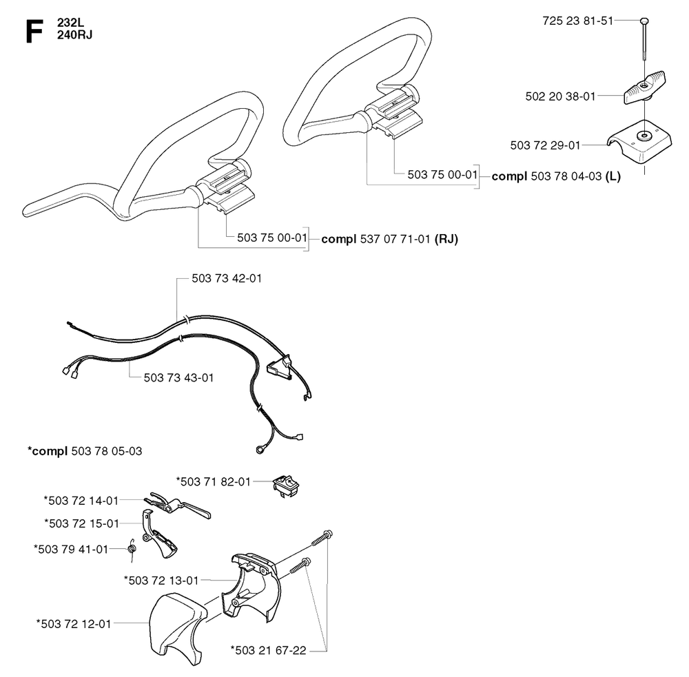 Handle And Controls Diagram and Parts List for 240RJ 20023500001 & Above Husqvarna Trimmer