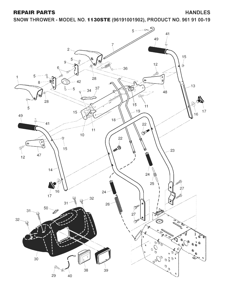 Handle Diagram and Parts List for 1130STE (96191001902)(2007-10) Husqvarna Snow Blower