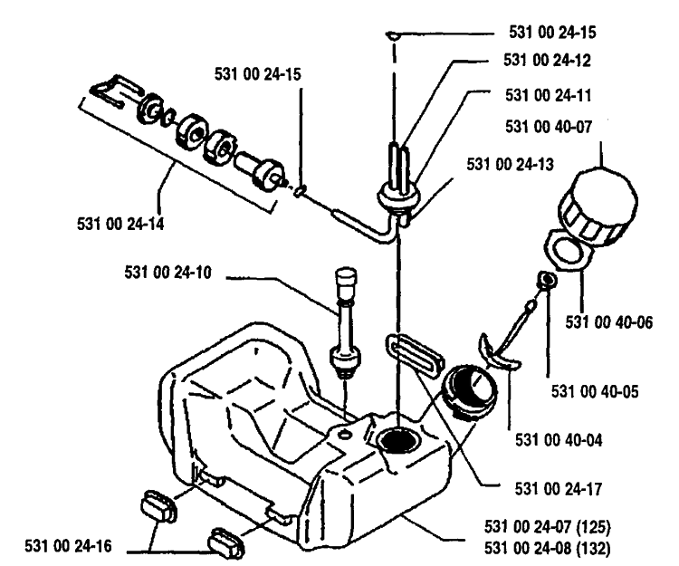 Fuel Tank Diagram and Parts List for 125L 1993-04 Husqvarna Trimmer