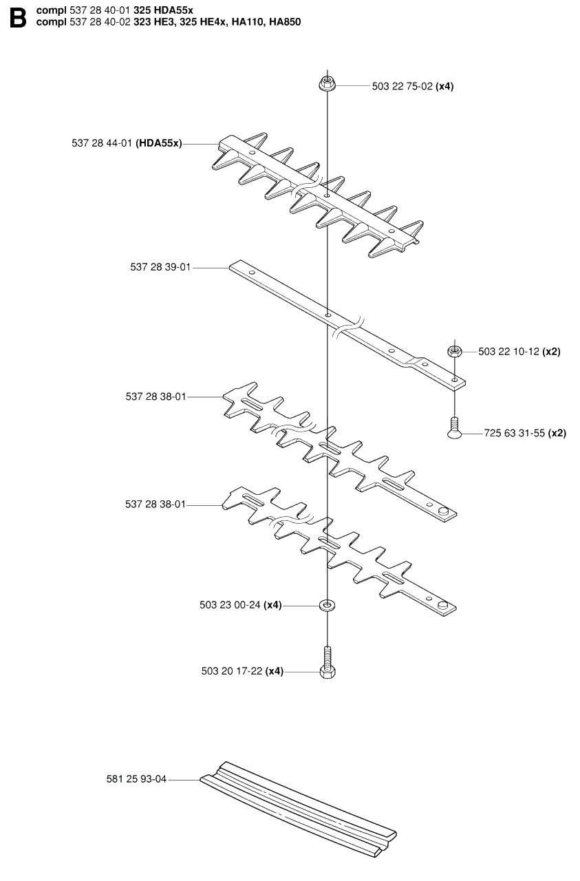 Cutting Equipment Diagram and Parts List for 325HDA55X 20053600001 - 20054000000 Husqvarna Hedge Trimmer