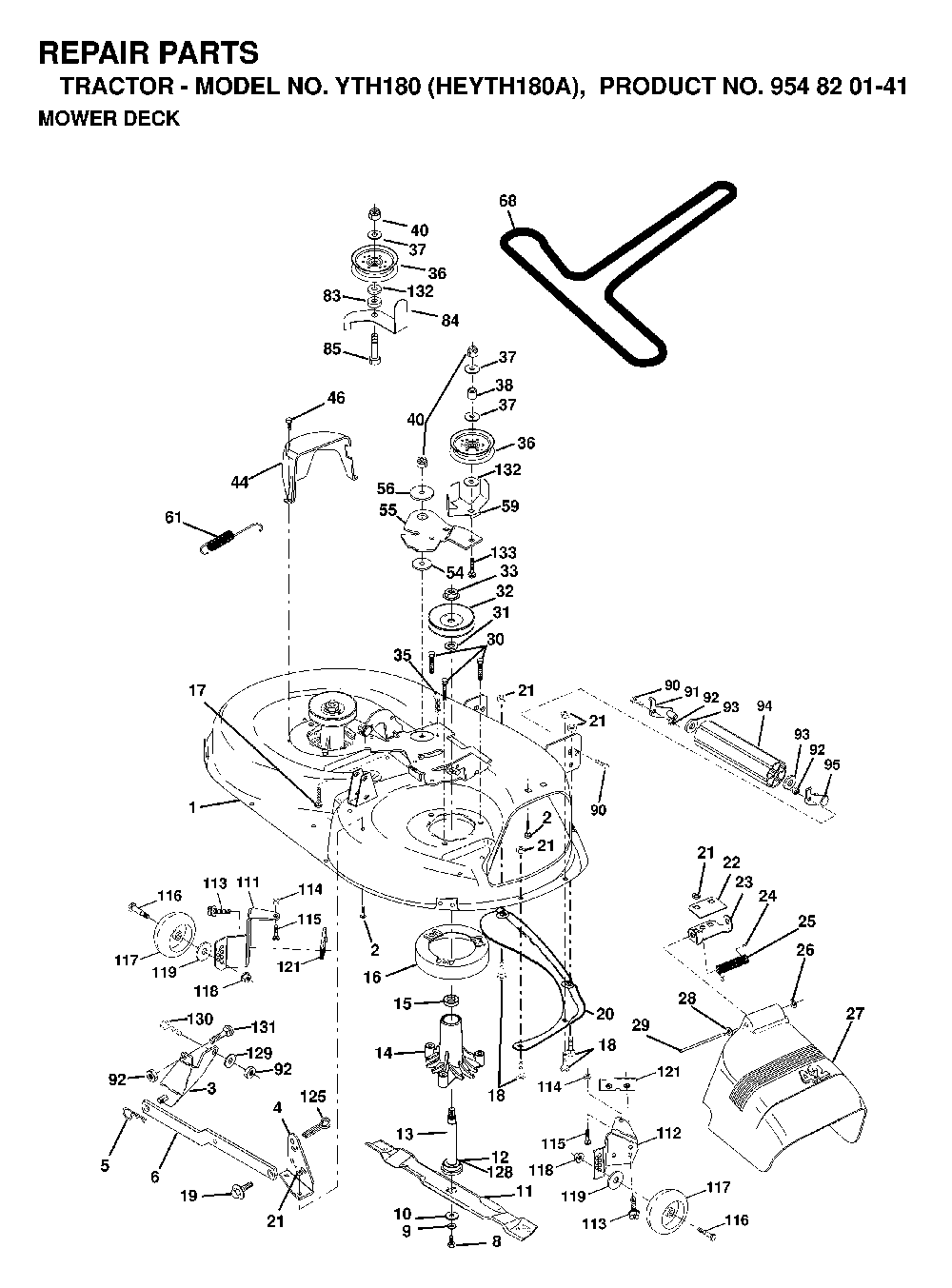 Mower Deck / Cutting Deck Diagram and Parts List for YTH180 (HEYTH180A, 954820141)(1998-12) Husqvarna Lawn Tractor