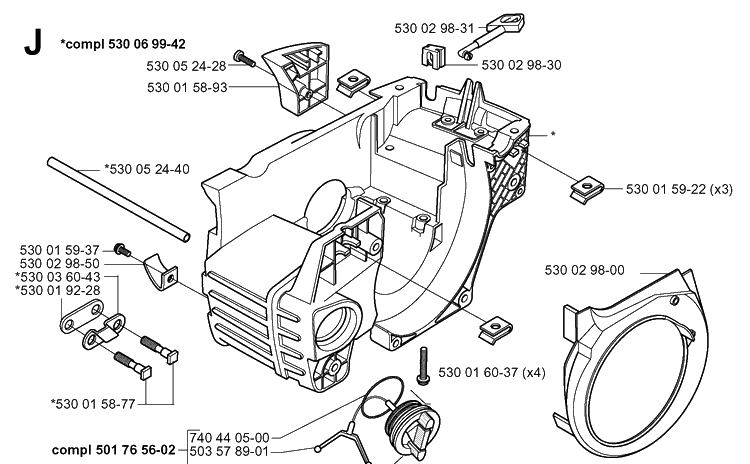Crankcase Diagram and Parts List for 141 20013500001-20030100000 Husqvarna Chainsaw