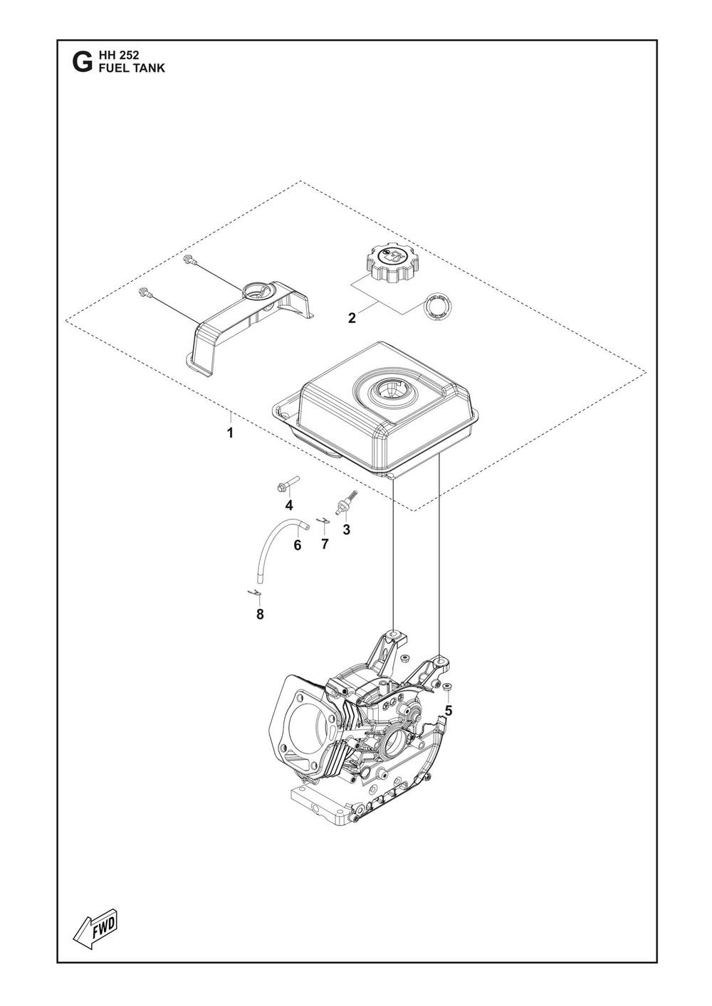 Fuel Tank Diagram and Parts List for HH252 598610601, 598610602, 598610603 Husqvarna Engine