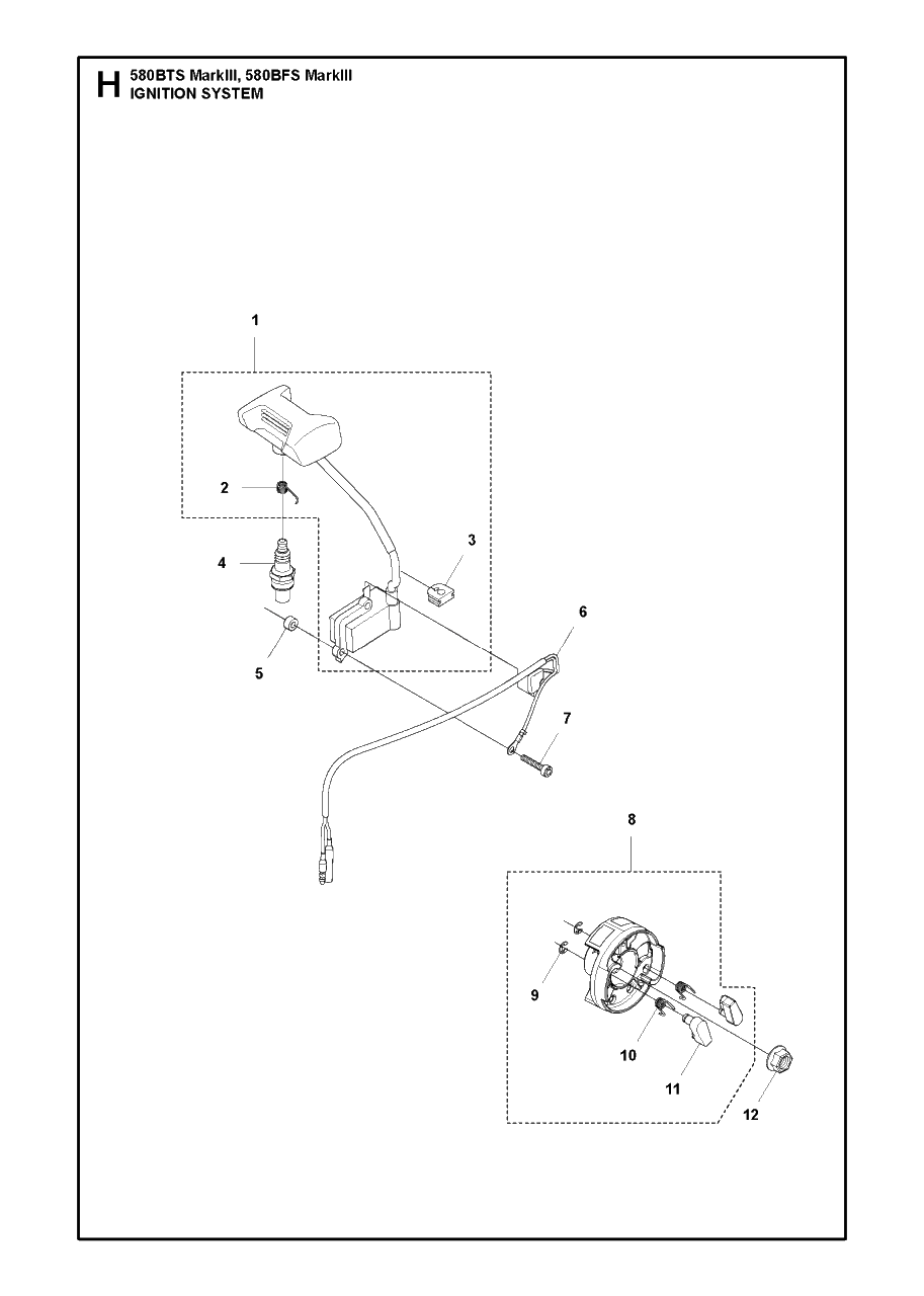 Ignition System Diagram and Parts List for 580BFS-BTS Mark III Husqvarna Leaf Blower / Vacuum