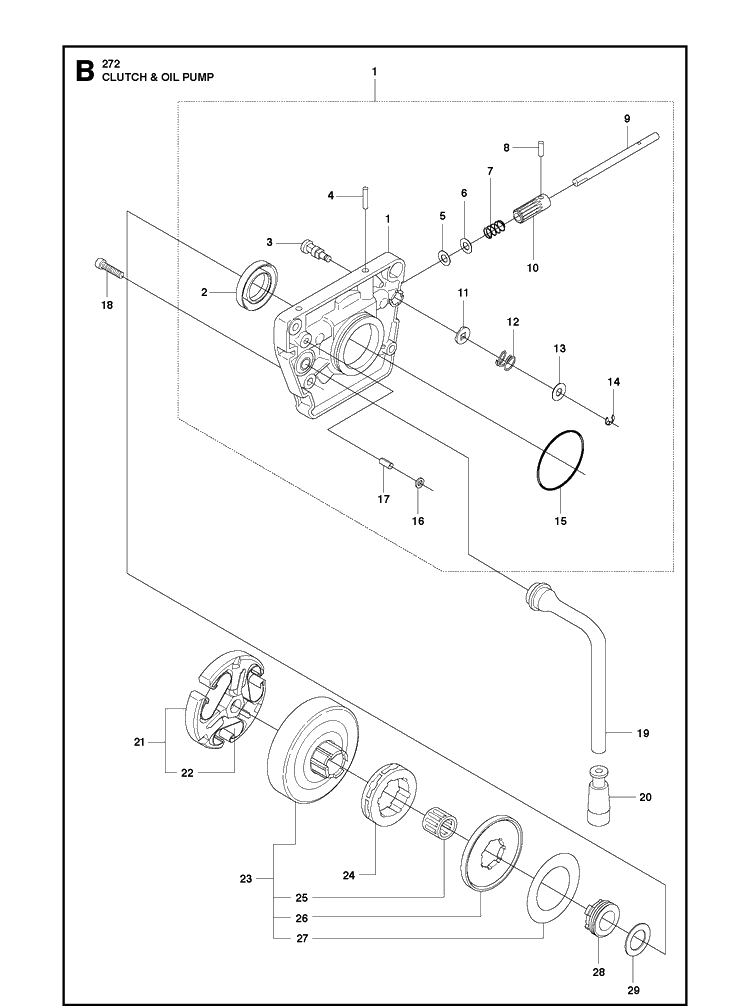 Clutch And Oil Pump Diagram and Parts List for 272XP 20163200001-20173200000 Husqvarna Chainsaw