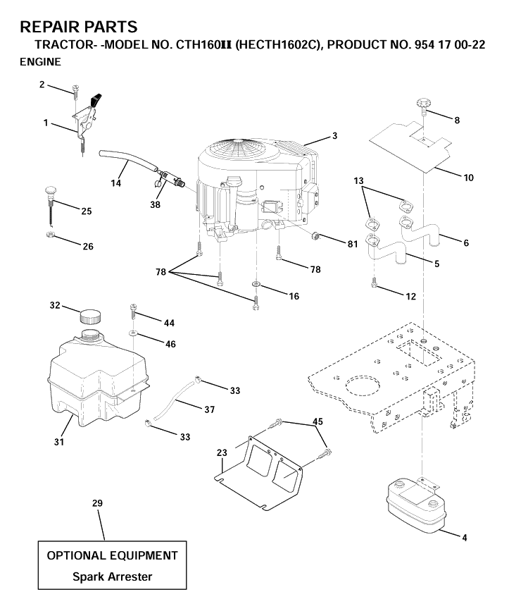 Engine And Cutting Equipment Diagram and Parts List for CTH160II (HECTH1602C)(2001-02) Husqvarna Lawn Tractor