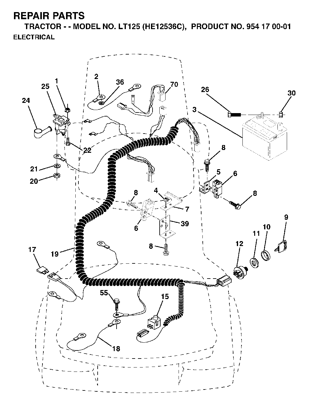 Electrical Diagram and Parts List for LT125 (HE12536C, 954170001)(1998-03) Husqvarna Lawn Tractor