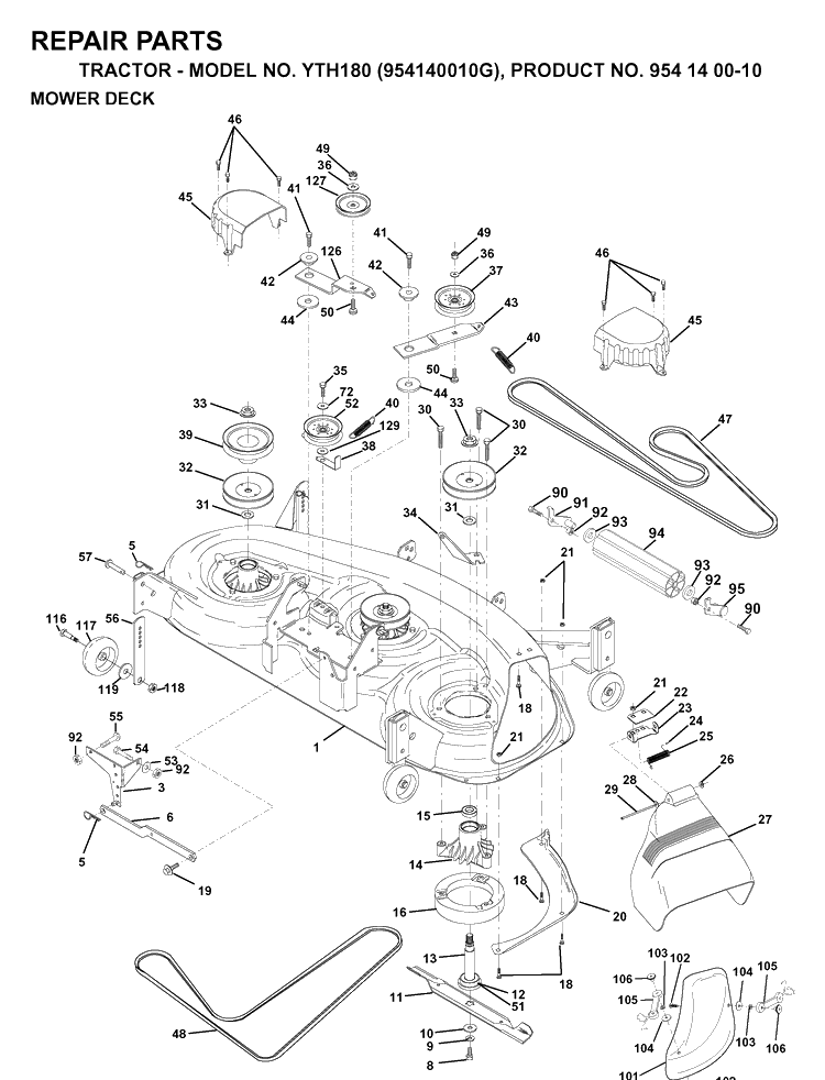 Mower Deck / Cutting Deck Diagram and Parts List for YTH180 (954140010G)(1998-10) Husqvarna Lawn Tractor