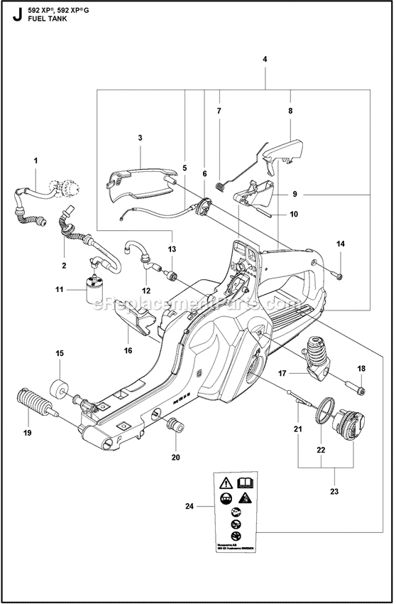Fuel Tank Diagram and Parts List for 592XPG  Husqvarna Chainsaw