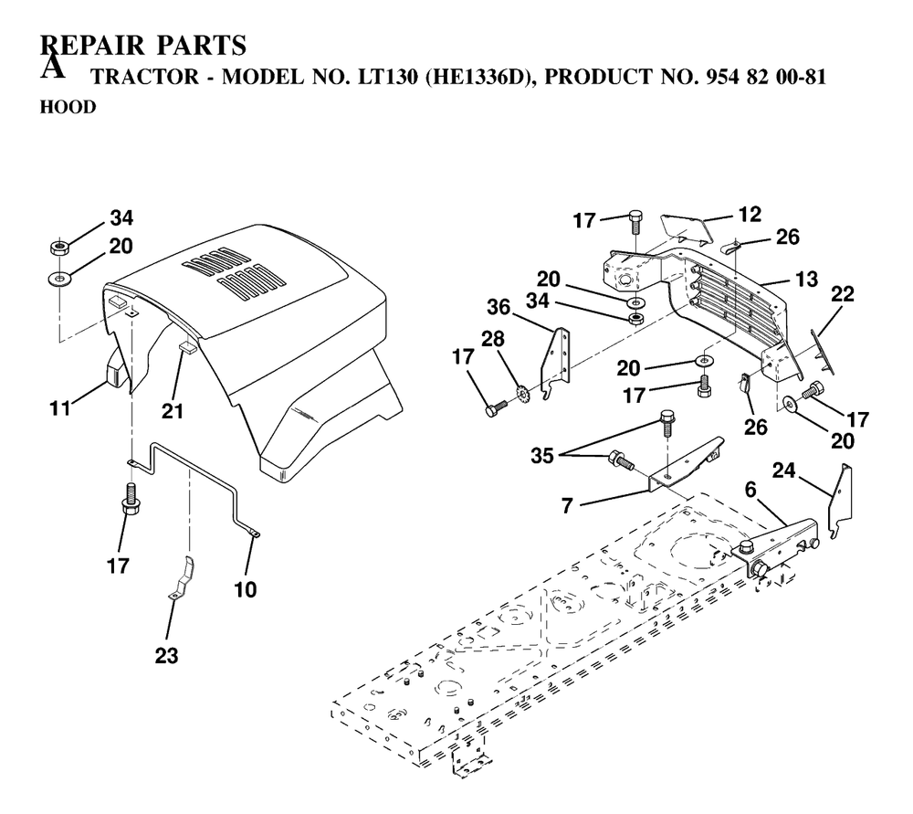 Hood Diagram and Parts List for LT130 (954820081-D)(1997-03) Husqvarna Lawn Tractor