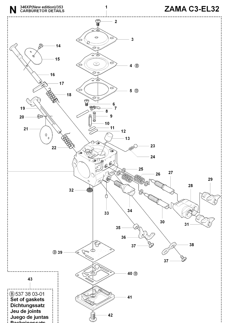 Carburetor Details Diagram and Parts List for 353 20090400001-Current Husqvarna Chainsaw