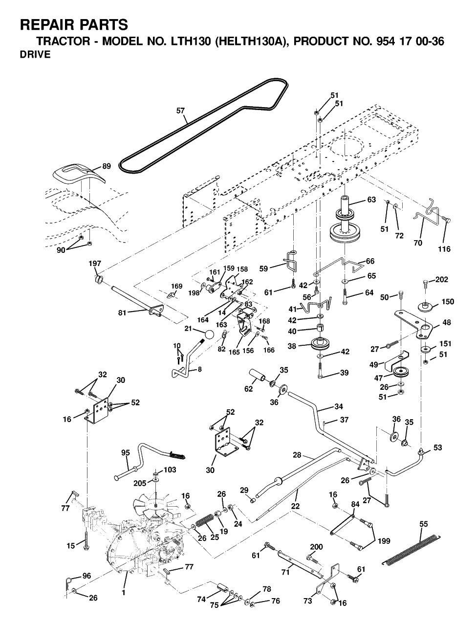 Drive Diagram and Parts List for LTH130 (954170036-A)(2001-01) Husqvarna Lawn Tractor