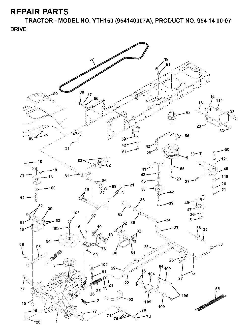 Drive Diagram and Parts List for YTH150 (954140007A, 954140007)(1997-01) Husqvarna Lawn Tractor