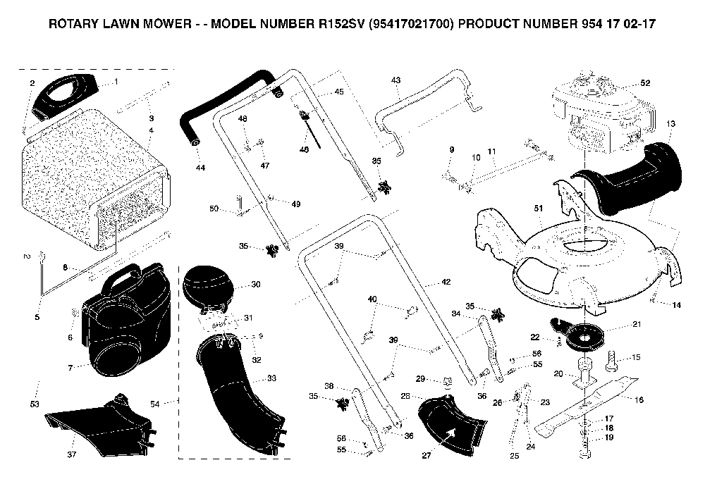 Frame And Engine Diagram and Parts List for R152SV (95417021700, 954170217)(2005-02) Husqvarna Lawn Mower