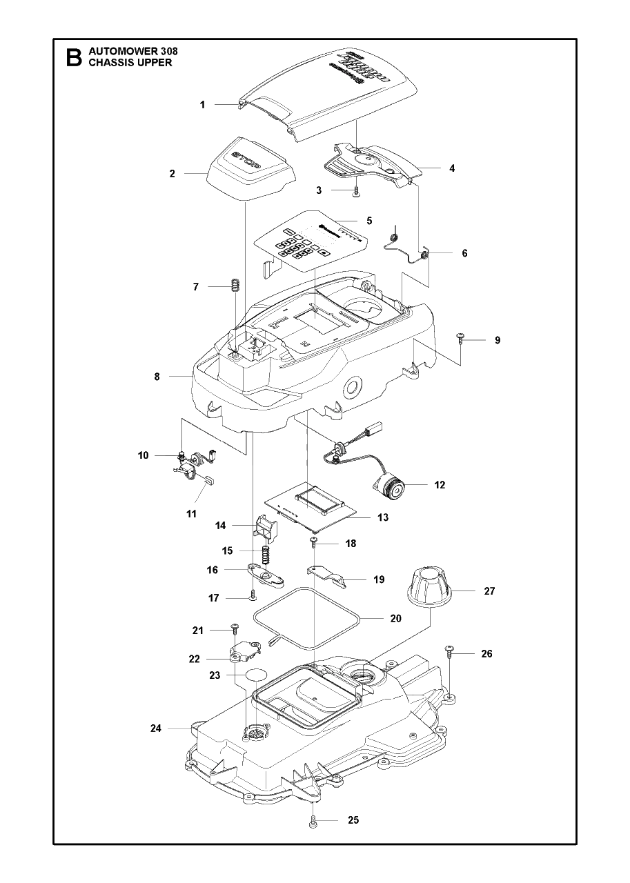 Chassis Upper Diagram and Parts List for 308 2014-02 Husqvarna Lawn Mower