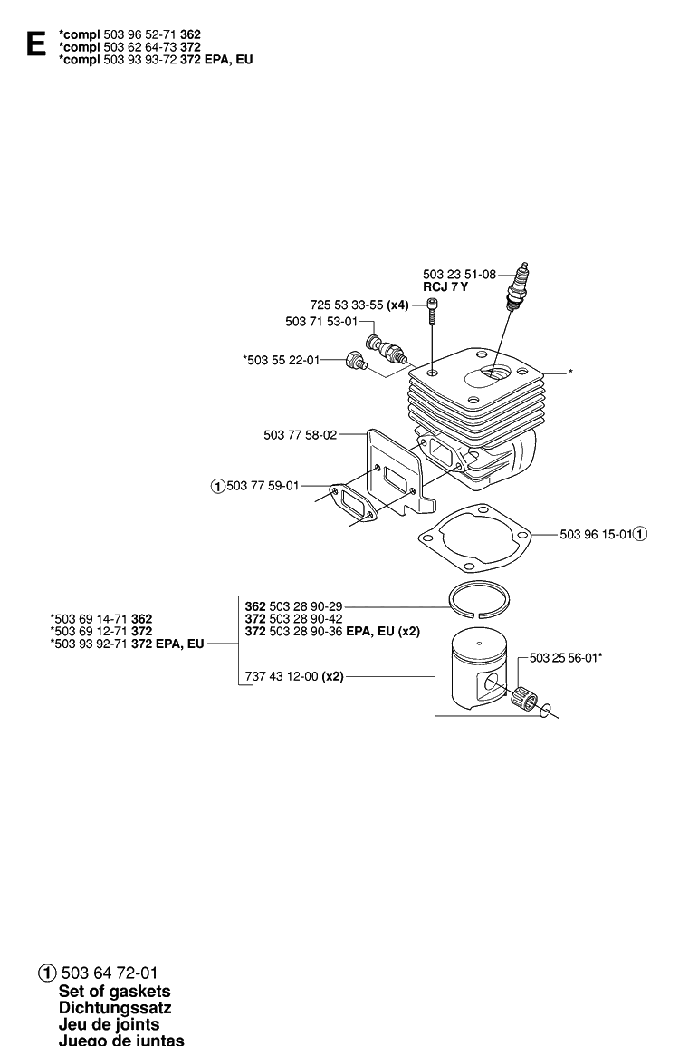 Cylinder Piston 2 Diagram and Parts List for 362XP 20070100001-Current Husqvarna Chainsaw