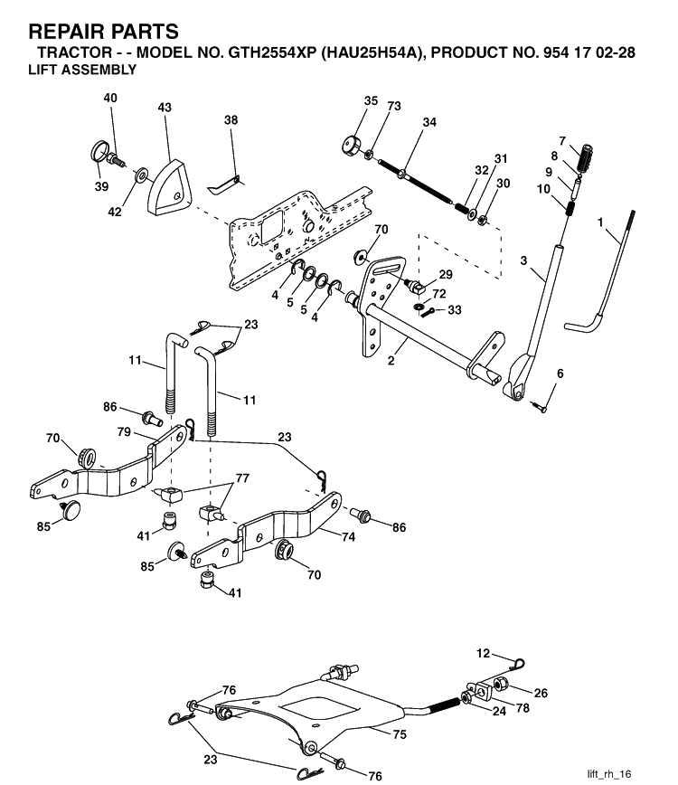 Mower Lift / Deck Lift Diagram and Parts List for GTH2554XP (HAU25H54A)(2004-09) Husqvarna Lawn Tractor