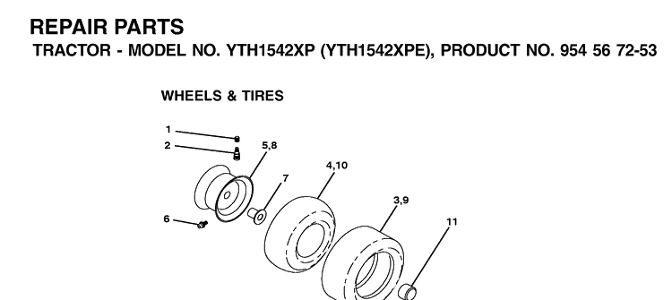 Wheels And Tires Diagram and Parts List for YTH1542XP (954567253)(2002-02) Husqvarna Lawn Tractor