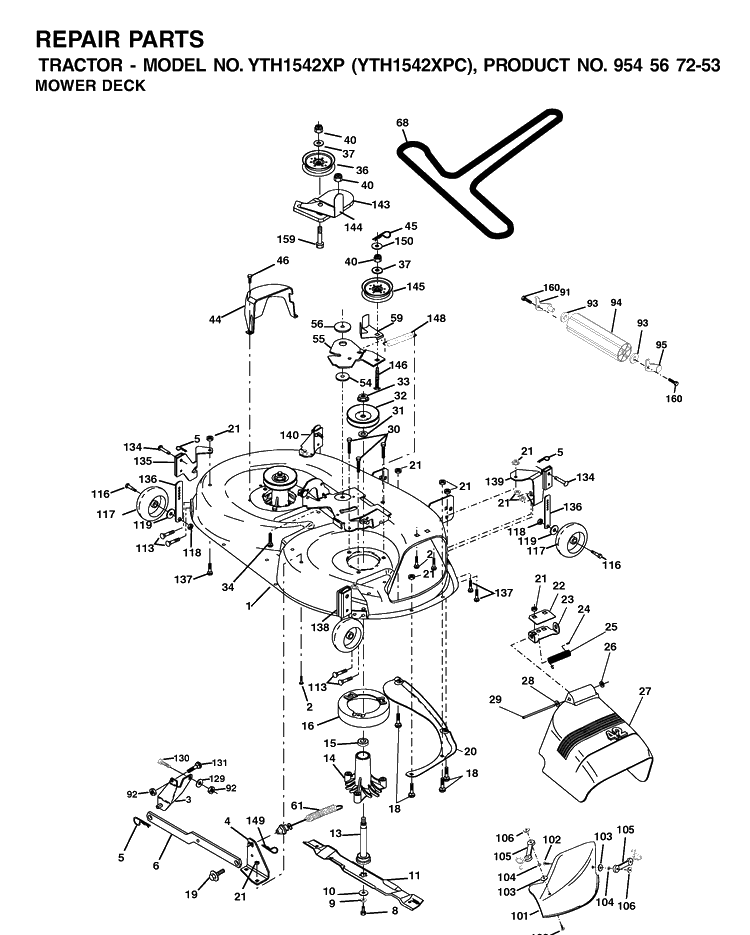 Mower Deck / Cutting Deck Diagram and Parts List for YTH1542XP (954567253)(2001-12) Husqvarna Lawn Tractor