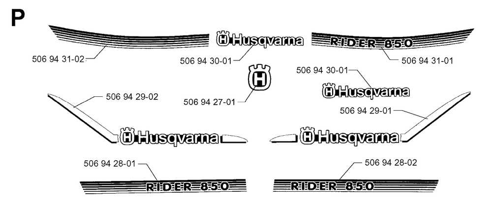 Decals Diagram and Parts List for R850 1998-03 Husqvarna Lawn Tractor