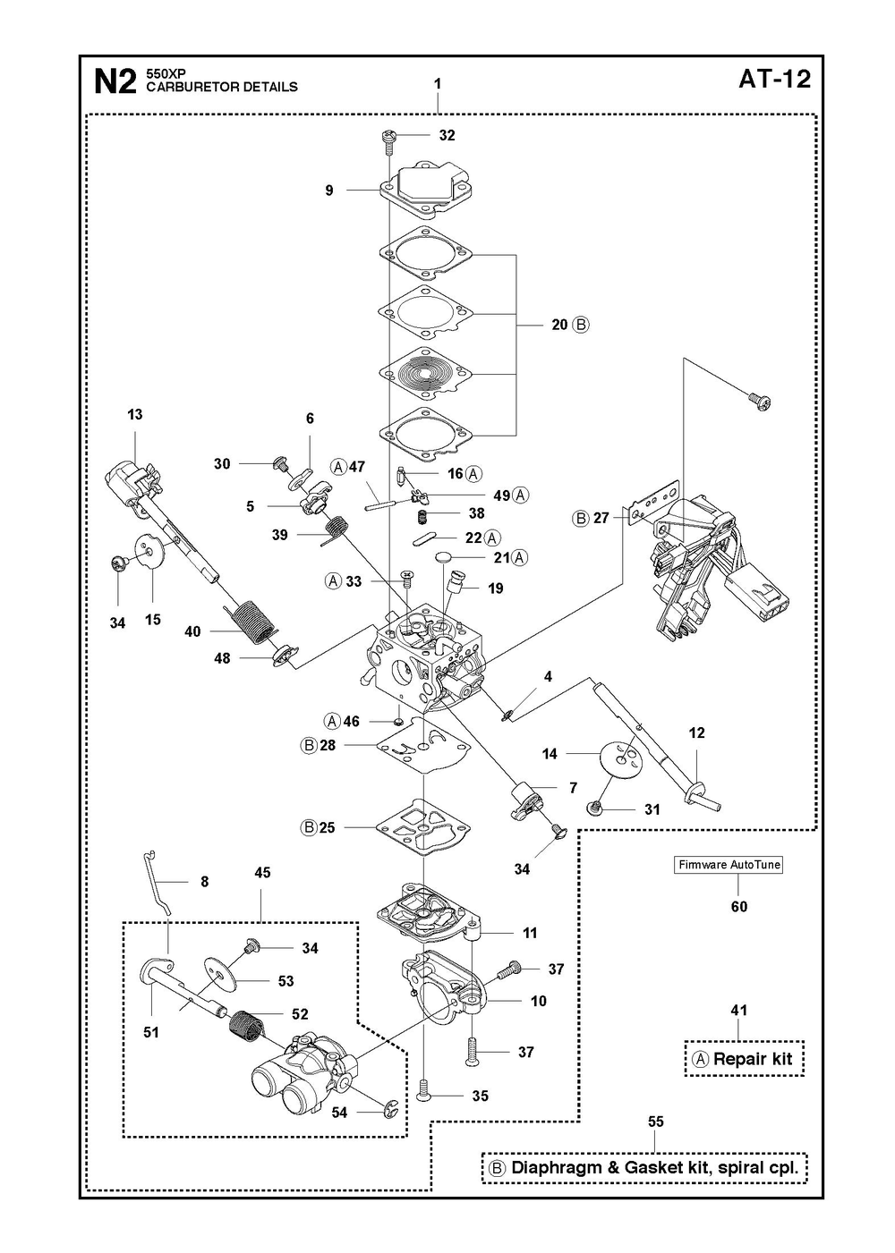 Carburetor Details Diagram and Parts List for 550XPG  Husqvarna Chainsaw