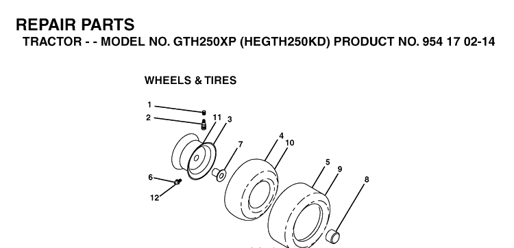 Wheels And Tires Diagram and Parts List for GTH250XP (HEGTH250KD)(2004-09) Husqvarna Lawn Tractor