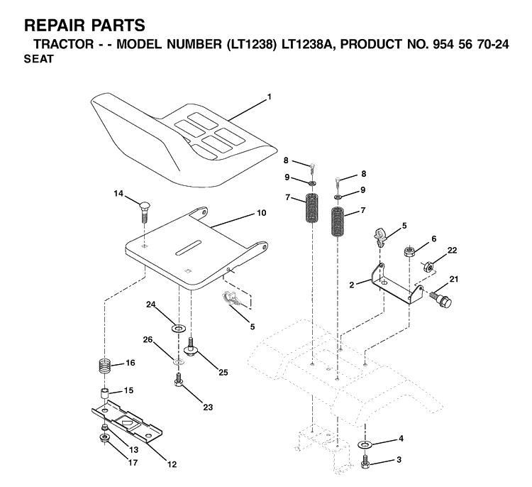 Seat Diagram and Parts List for LT1238-LT1238A 2000-10 Husqvarna Lawn Tractor