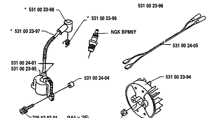 Ignition/Flywheel Diagram and Parts List for 125L 1992-01 Husqvarna Trimmer