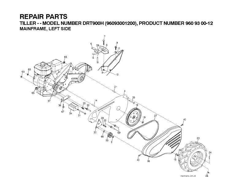 Mainframe, Left Side Diagram and Parts List for DRT900H (96093001201)(2010-10) Husqvarna Cultivator