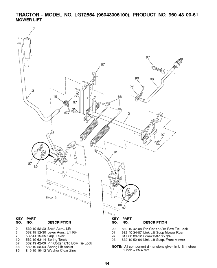 Mower Lift / Deck Lift Diagram and Parts List for LGT2554 2008-12 Husqvarna Lawn Tractor