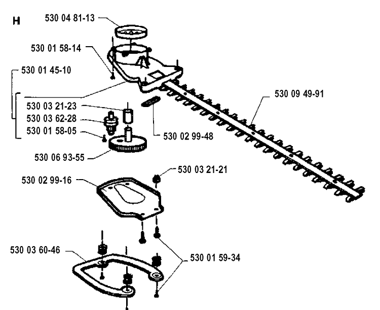 Cutting Equipment Diagram and Parts List for 18H 19920900001-19941400000 Husqvarna Hedge Trimmer