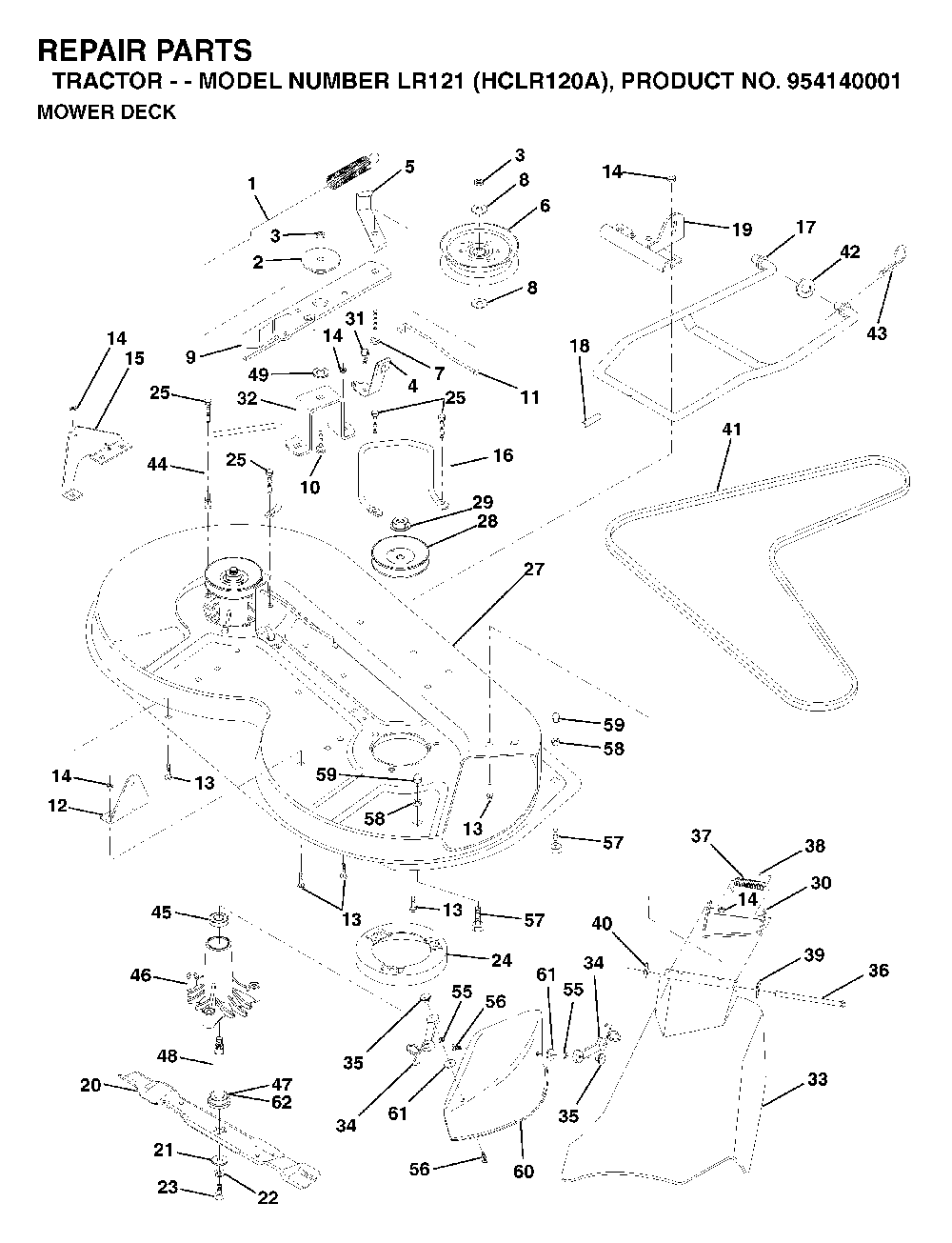 Mower Deck / Cutting Deck Diagram and Parts List for LR121 (HCLR120A, 954140001)(1996-08) Husqvarna Lawn Tractor