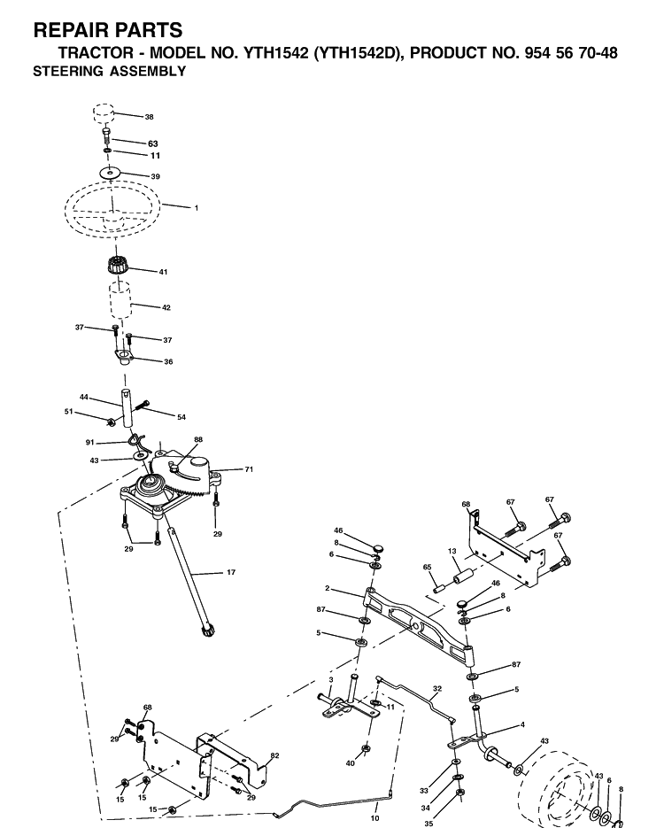 Steering Diagram and Parts List for YTH1542 (954567048)(2001-11) Husqvarna Lawn Tractor