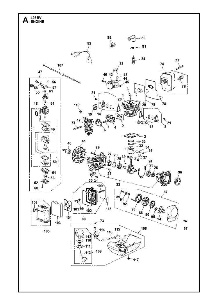 Engine Diagram and Parts List for 425BVS 2012-05 Husqvarna Leaf Blower / Vacuum