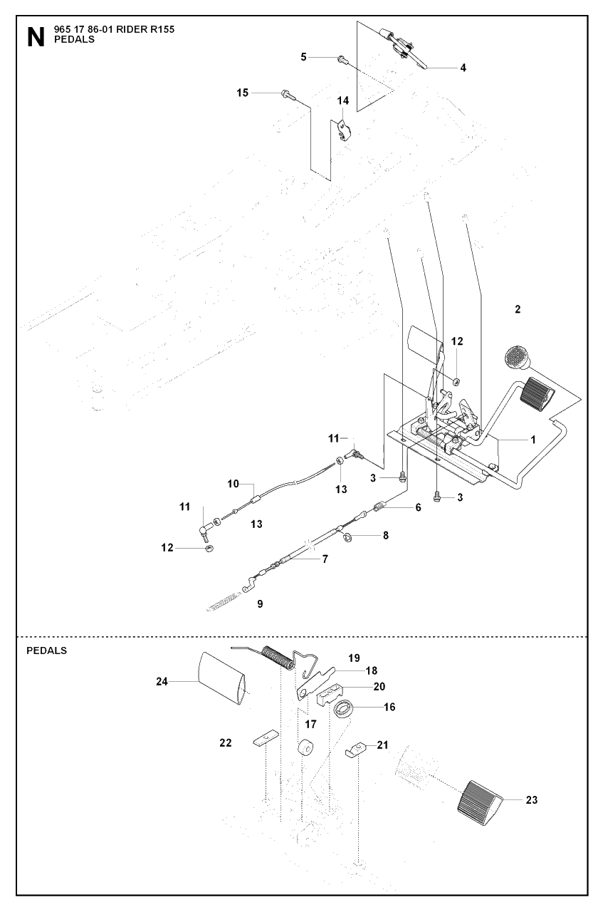 Pedals Diagram and Parts List for R155 (965178601)(2007-03) Husqvarna Lawn Tractor