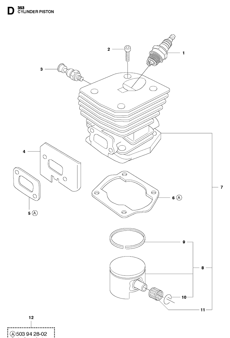 Cylinder Piston Diagram and Parts List for 353  Husqvarna Chainsaw