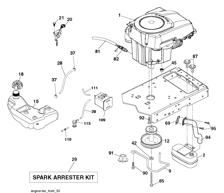 Engine Diagram and Parts List for YTH21K46 (96043012300)(2010 - 11) Husqvarna Lawn Tractor