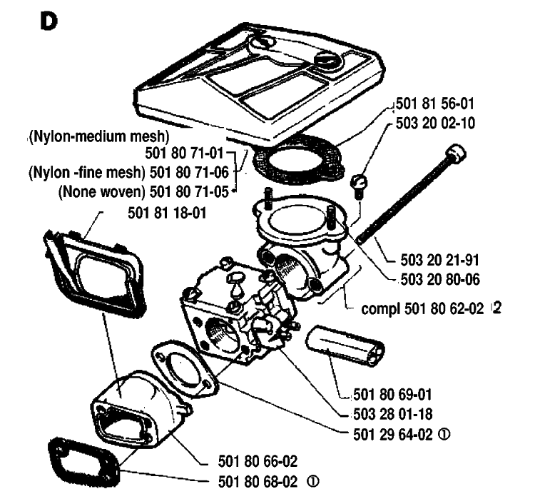Carburetor And Air Filter Diagram and Parts List for 288 19933600001-19974900000 Husqvarna Chainsaw