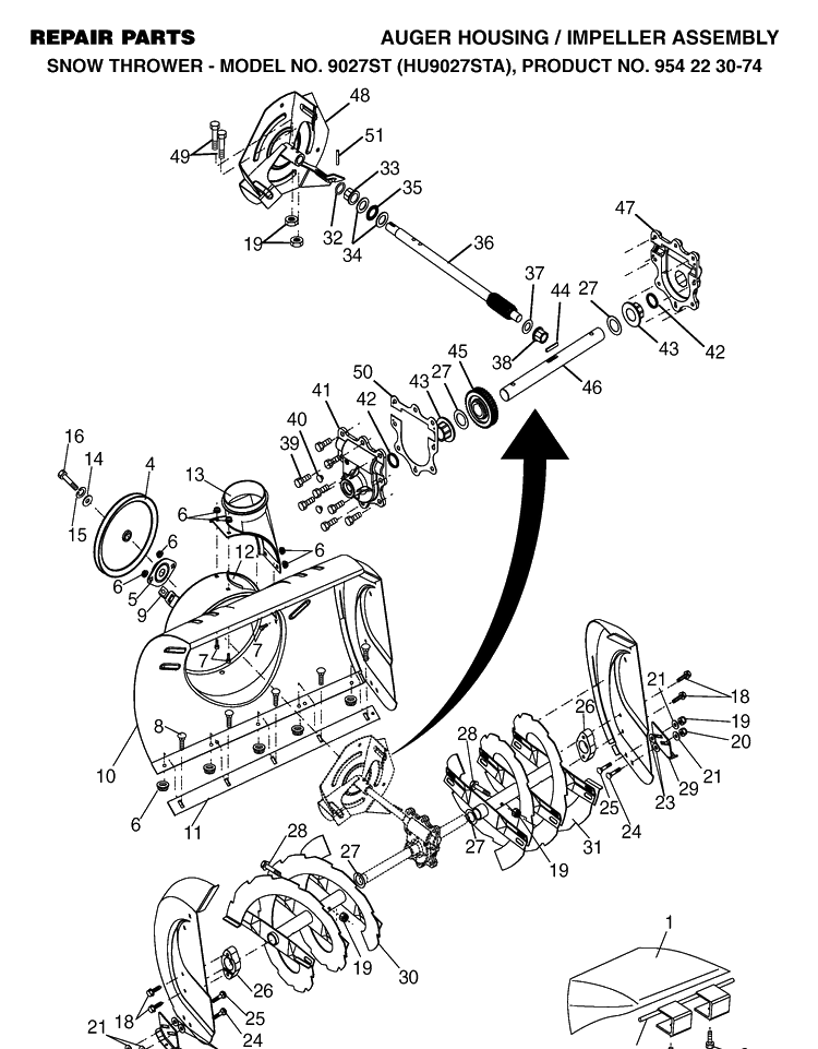 Auger Housing And Impeller Diagram and Parts List for 9027ST (HU9027STA)(2002-09) Husqvarna Snow Blower