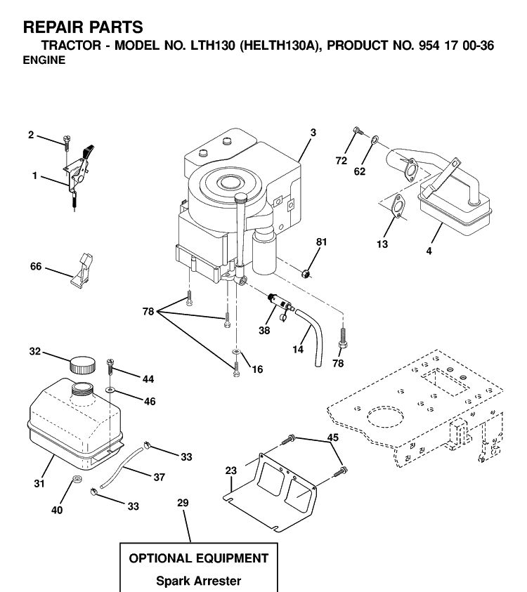 Engine And Cutting Equipment Diagram and Parts List for LTH130 (HELTH130A)(2001-01) Husqvarna Lawn Tractor