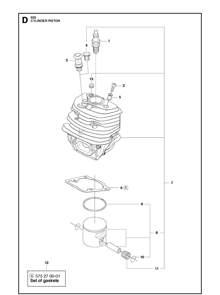 Cylinder Piston Diagram and Parts List for 555 2011-03 Husqvarna Chainsaw