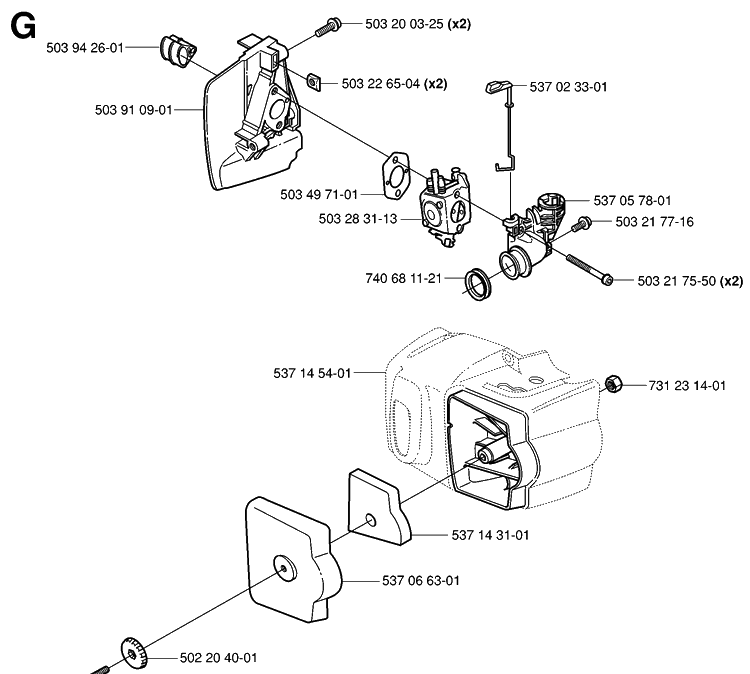 Carburetor And Air Filter Diagram and Parts List for 326HD75 (X-SERIES)(20020500001-20030100000) Husqvarna Hedge Trimmer